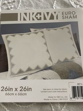 New in pkg! (2) Ink+Ivy Euro Sham - Ivory with Gray Embroidered Trim